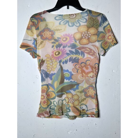 Womens Sequin Embellished Floral Mesh Top Size Medium Y2K Fairy Groovy Art Sheer - Picture 3 of 11